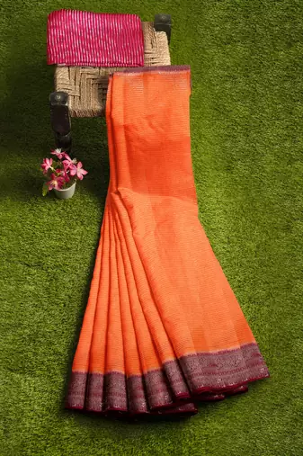 Orange & maroon contrast border saree