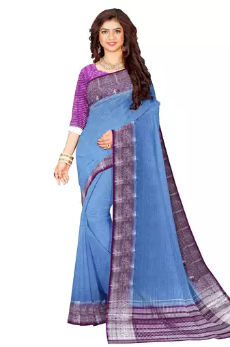 Sky blue & purple contrast border saree
