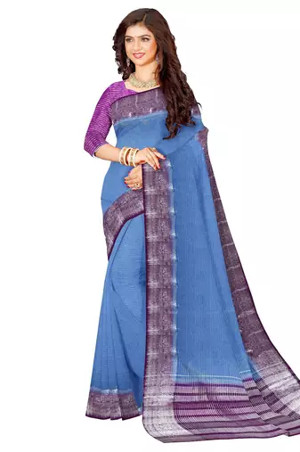Sky blue & purple contrast border saree