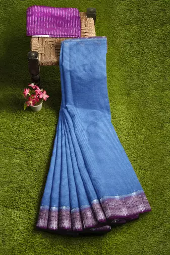 Sky blue & purple contrast border saree
