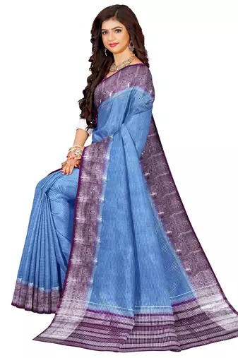 Sky blue & purple contrast border saree
