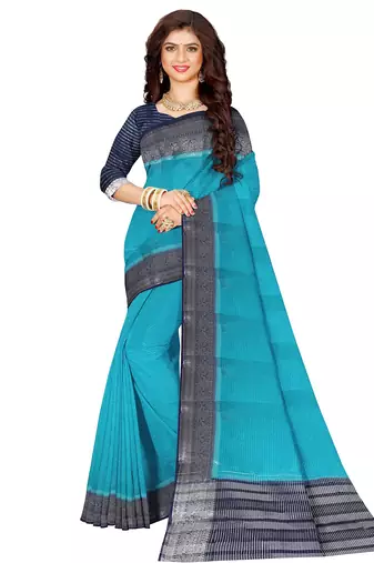 Turquoise blue & navy blue contrast border saree