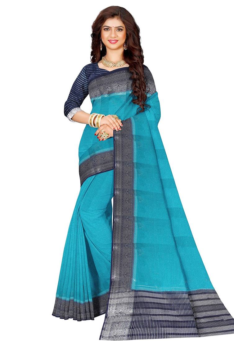Turquoise blue & navy blue contrast border saree
