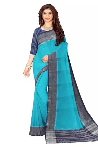 Turquoise blue & navy blue contrast border saree