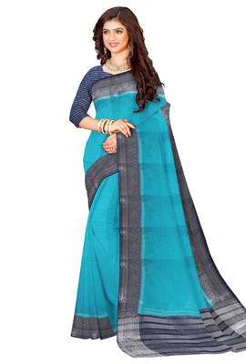 Turquoise blue & navy blue contrast border saree 3