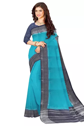Turquoise blue & navy blue contrast border saree