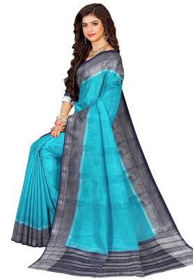 Turquoise blue & navy blue contrast border saree 4