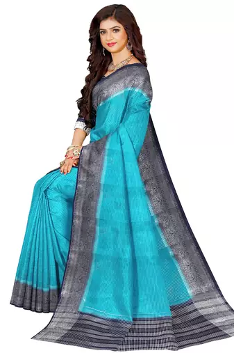 Turquoise blue & navy blue contrast border saree