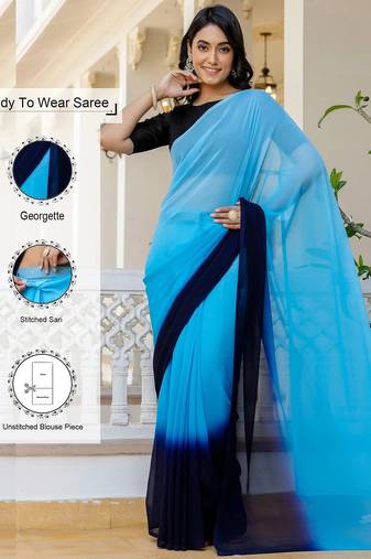 Skyblue & blue color georgette pre drape saree with un-stitch blouse