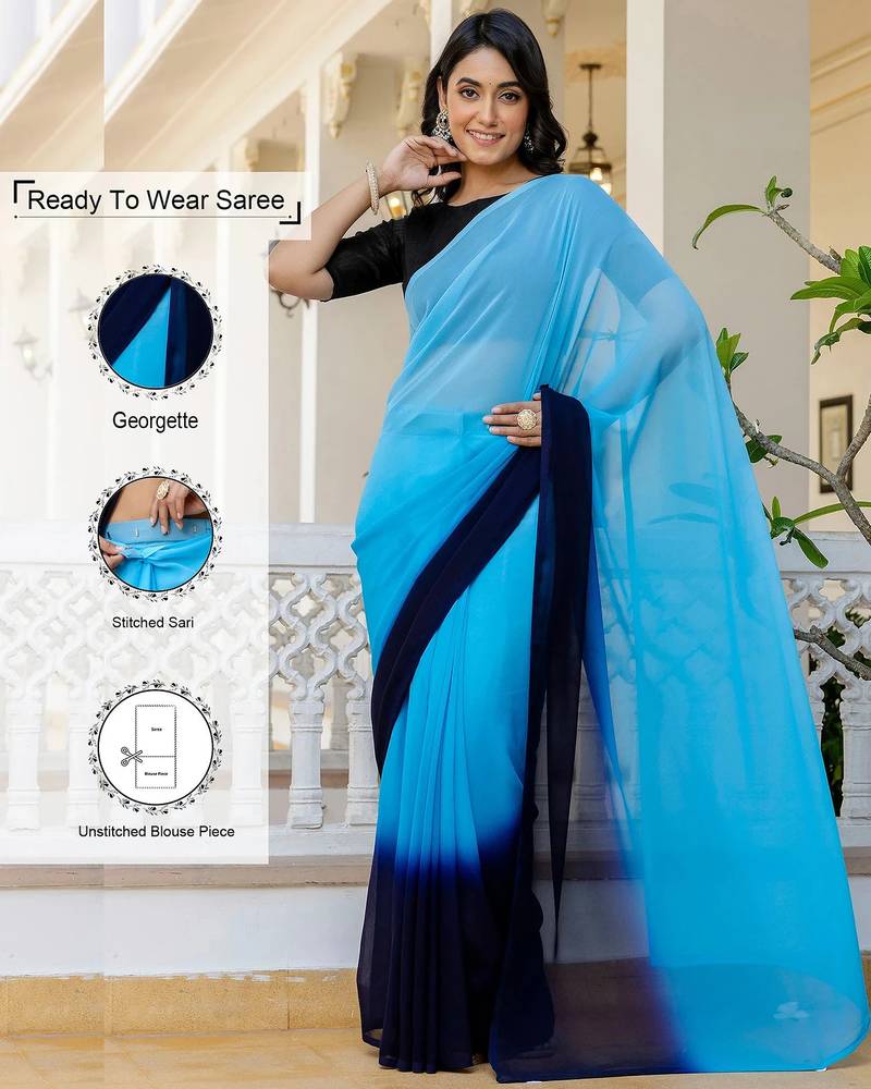 Skyblue & blue color georgette pre drape saree with un-stitch blouse