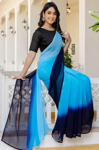 Skyblue & blue color georgette pre drape saree with un-stitch blouse
