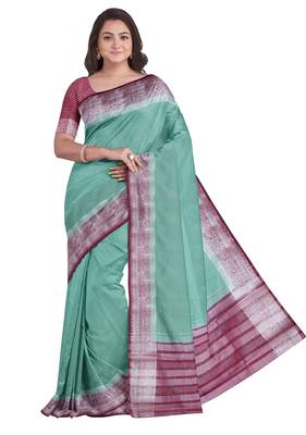 Mint green & maroon contrast border saree 1