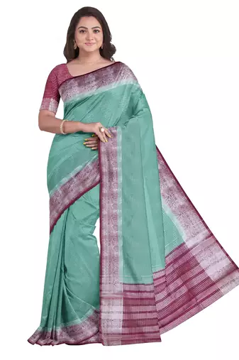 Mint green & maroon contrast border saree