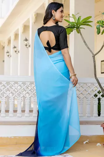 Skyblue & blue color georgette pre drape saree with un-stitch blouse