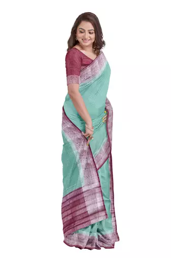 Mint green & maroon contrast border saree