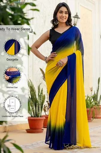Yellow & blue color georgette pre drape saree with un-stitch blouse