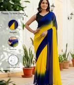 Yellow & blue color georgette pre drape saree with un-stitch blouse