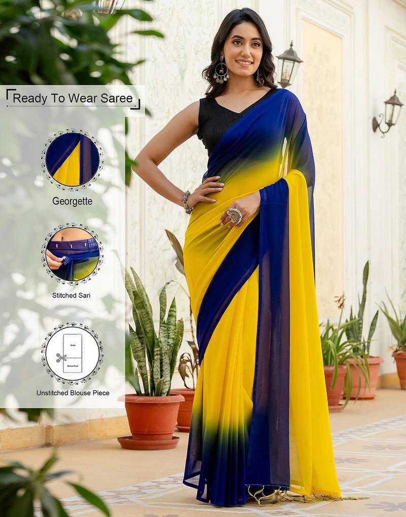 Yellow & blue color georgette pre drape saree with un-stitch blouse