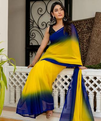 Yellow & blue georgette pre drape saree with un-stitch blouse 2