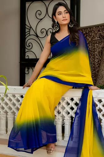 Yellow & blue color georgette pre drape saree with un-stitch blouse