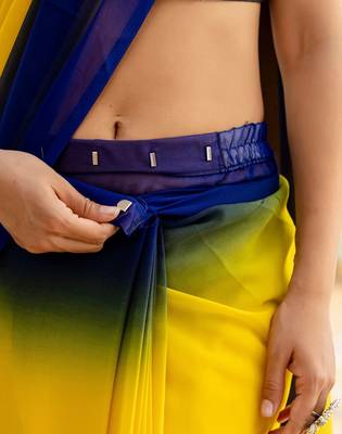 Yellow & blue georgette pre drape saree with un-stitch blouse 4