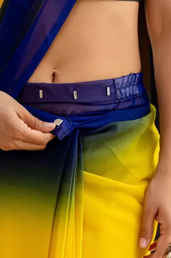 Yellow & blue color georgette pre drape saree with un-stitch blouse