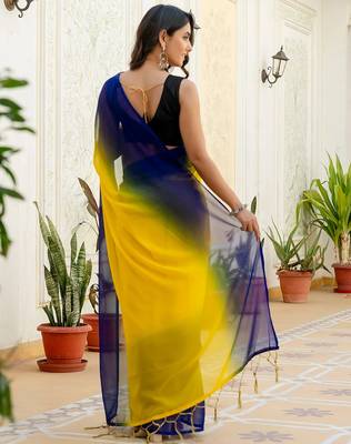 Yellow & blue georgette pre drape saree with un-stitch blouse 5
