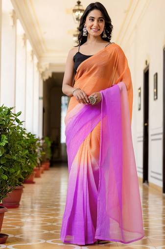 Orange & levender color georgette pre drape saree with un-stitch blouse