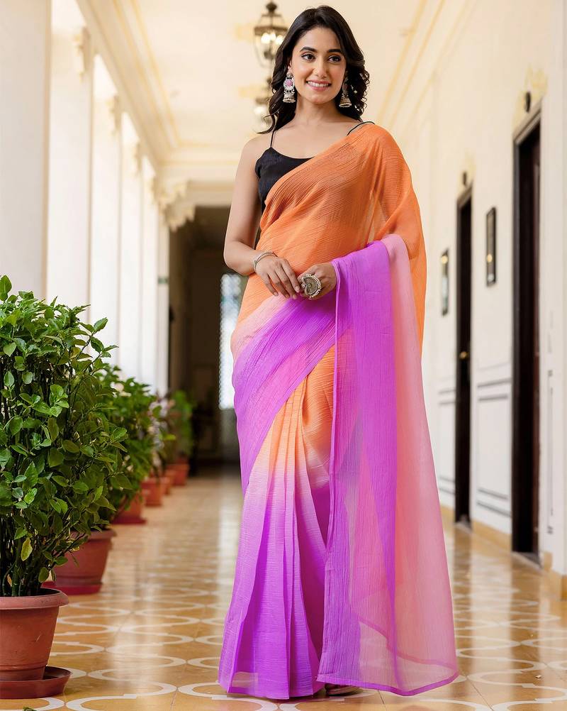 Orange & levender color georgette pre drape saree with un-stitch blouse