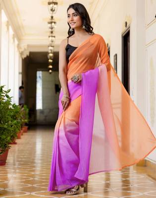 Orange & levender georgette pre drape saree with un-stitch blouse 2