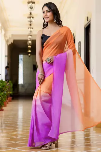 Orange & levender color georgette pre drape saree with un-stitch blouse