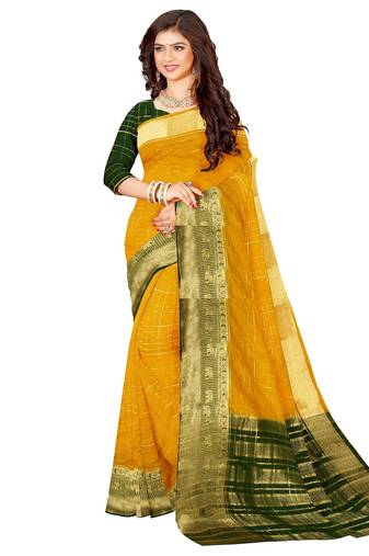 Mustard yellow & dark green traditional saree