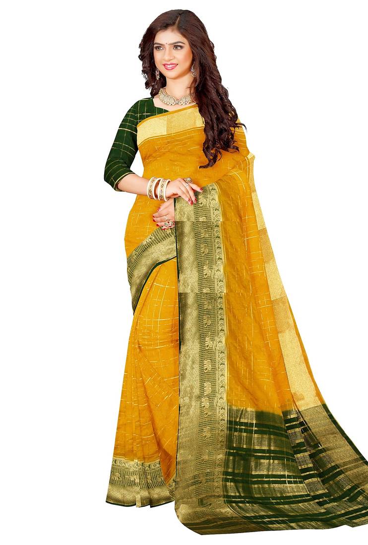 Mustard yellow & dark green traditional saree