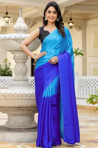 Skyblue & blue color chinnon silk print ready to wear saree with un-stitch blouse