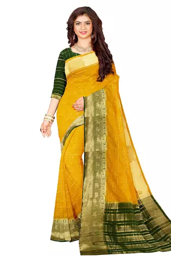 Mustard yellow & dark green traditional saree