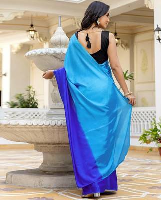 Skyblue & blue chinnon silk print ready to wear saree with un-stitch blouse 3