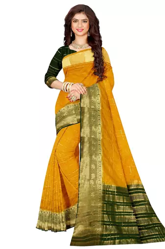 Mustard yellow & dark green traditional saree