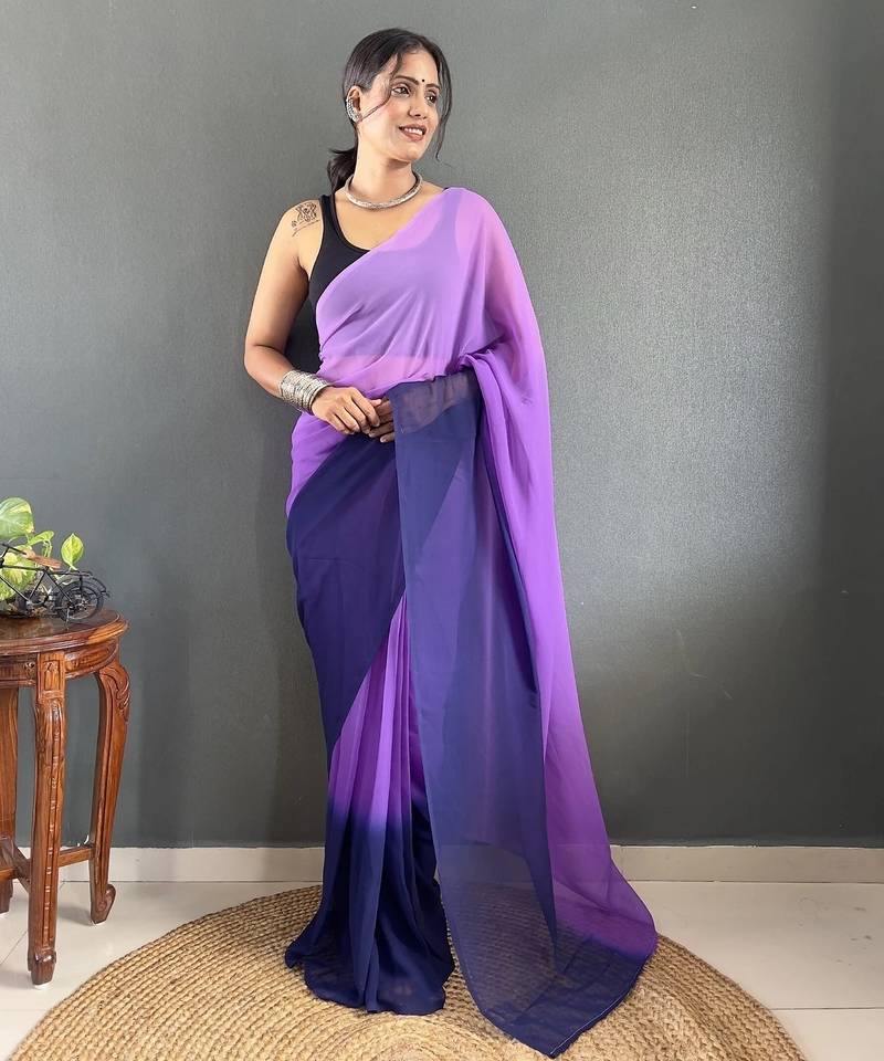 Levender & blue color georgette pre drape saree with un-stitch blouse