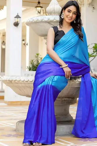 Skyblue & blue color chinnon silk print ready to wear saree with un-stitch blouse