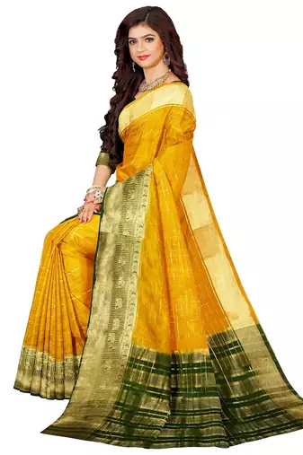 Mustard yellow & dark green traditional saree