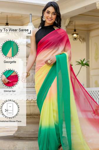 Pink & green-yellow color georgette pre drape saree with un-stitch blouse