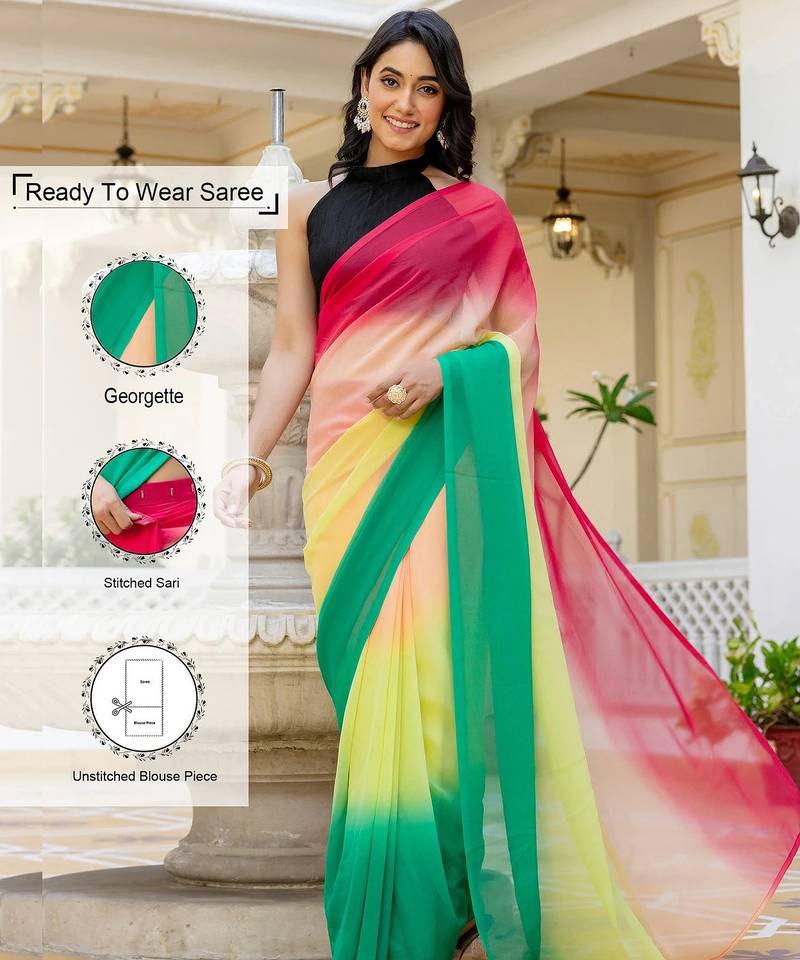 Pink & green-yellow color georgette pre drape saree with un-stitch blouse