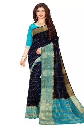 Navy blue & aqua blue checked saree
