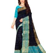 Navy blue & aqua blue checked saree