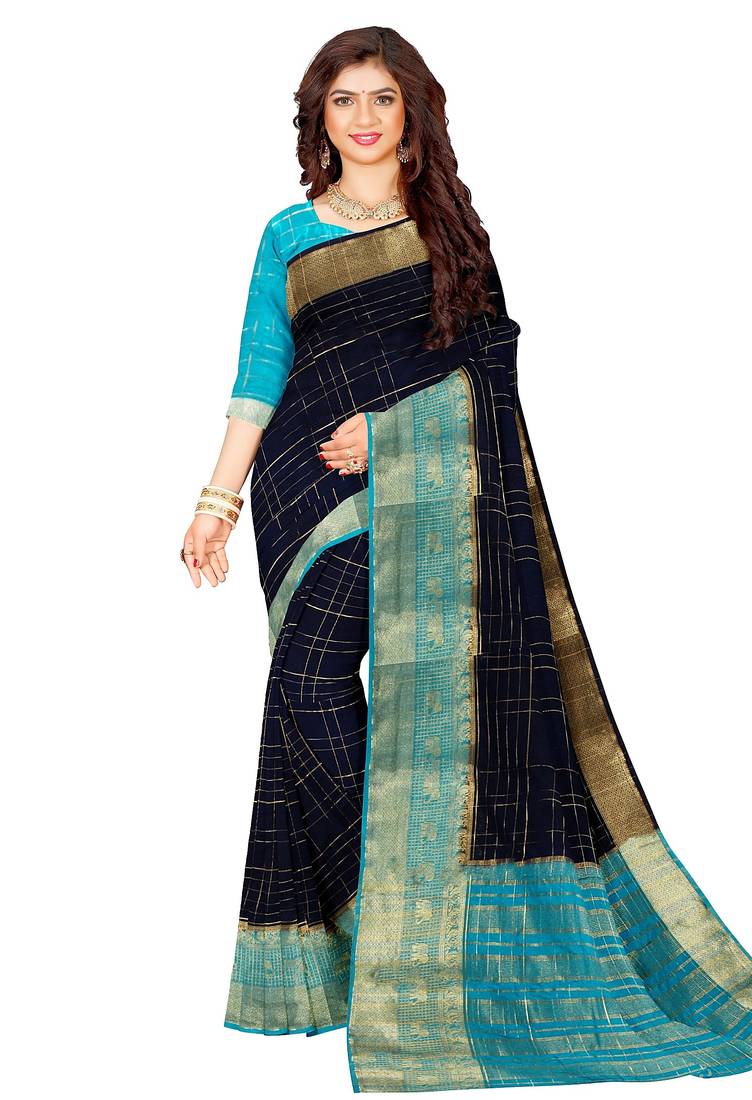 Navy blue & aqua blue checked saree