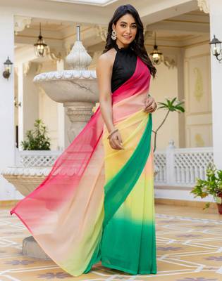 Pink & green-yellow georgette pre drape saree with un-stitch blouse 2