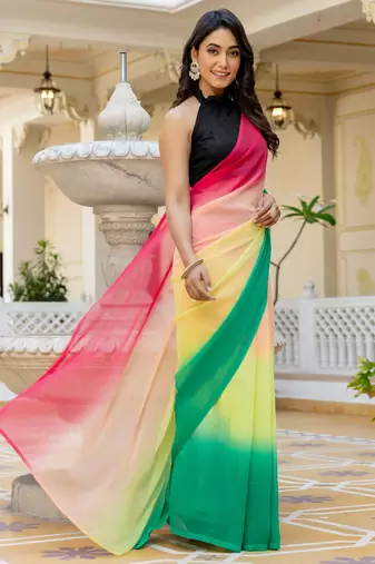 Pink & green-yellow color georgette pre drape saree with un-stitch blouse