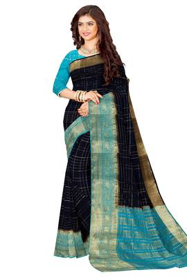 Navy blue & aqua blue checked saree 2