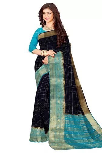 Navy blue & aqua blue checked saree