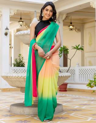 Pink & green-yellow georgette pre drape saree with un-stitch blouse 3